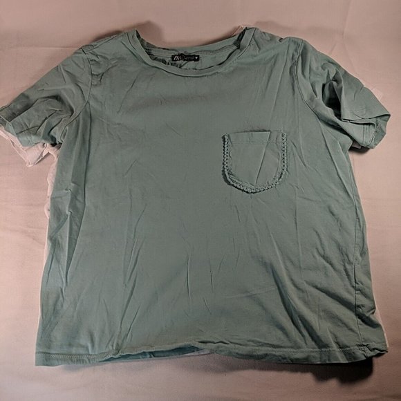 2 Zara T-Shirts Tops White Teal Blue Mint Green Pocket Detail Women's M Medium - Picture 14 of 16
